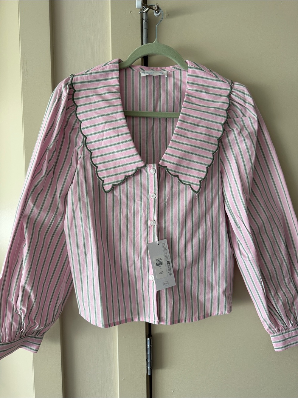 Ganni Inspired Pink & Green/Gray Striped Scalloped Collar Button-Up Blouse